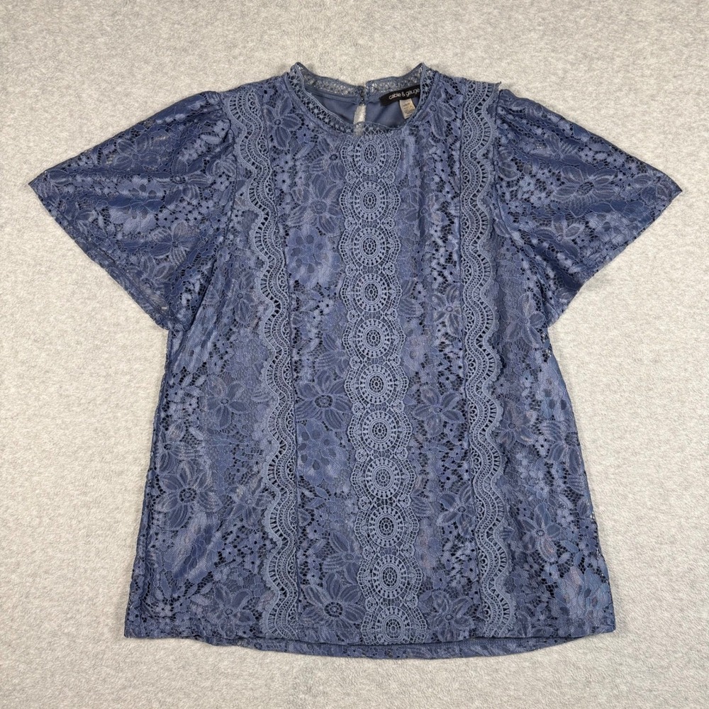 Cable & Gauge Womens Blue Floral Lace Short Sleeve Mock Neck Blouse Top Size (L)